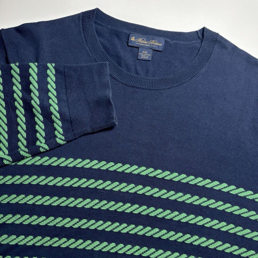 Brooks Brothers Sweater Men's XXL Navy Green Cotton Mariner Rope Stripe Crewneck